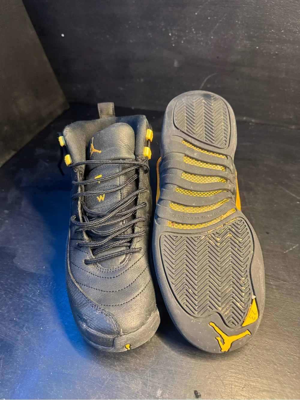Jordan 12 men Black Sneakers with Yellow Accents